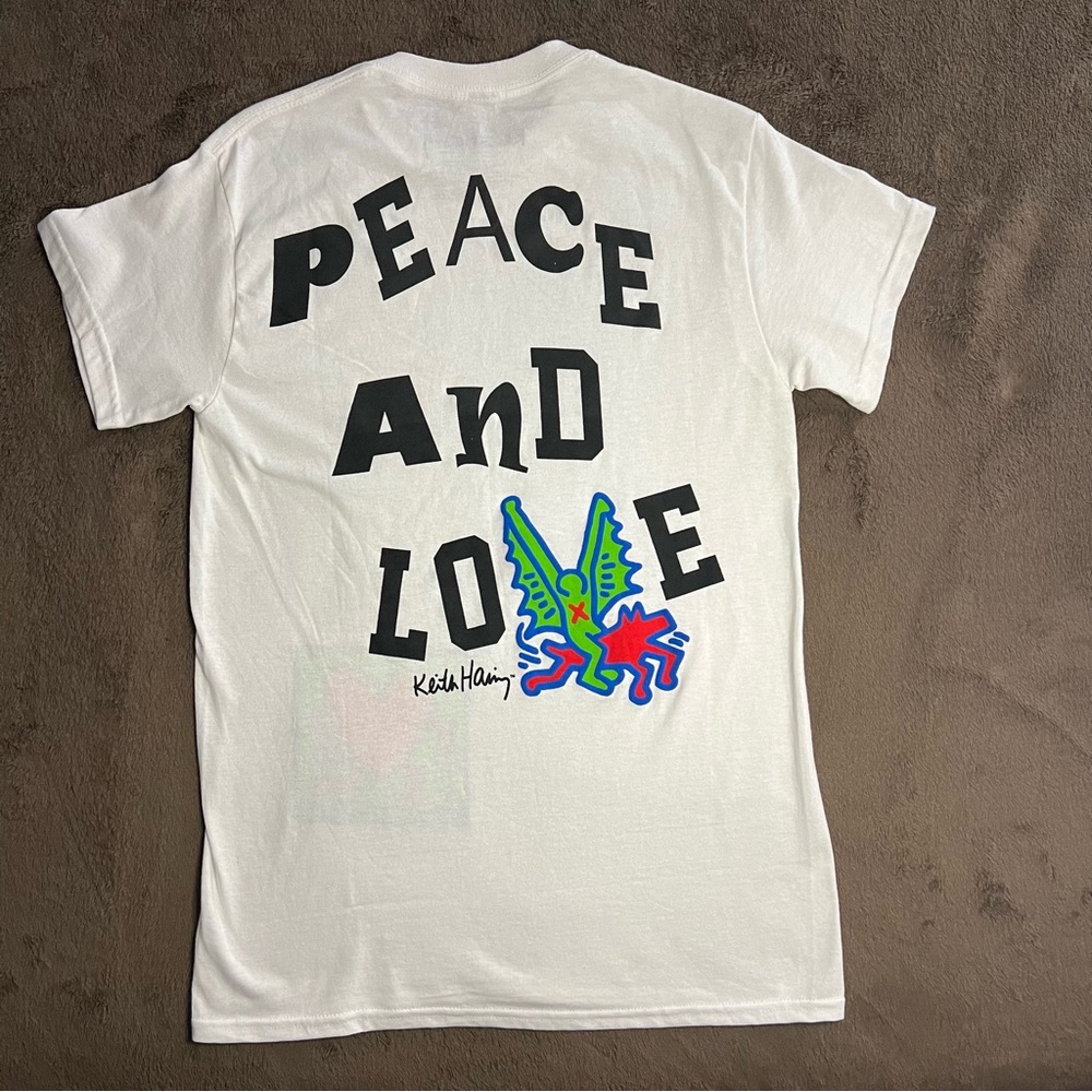 Keith Haring Peace & Love Mens Small Pop Street Art Soft Cotton White Tee